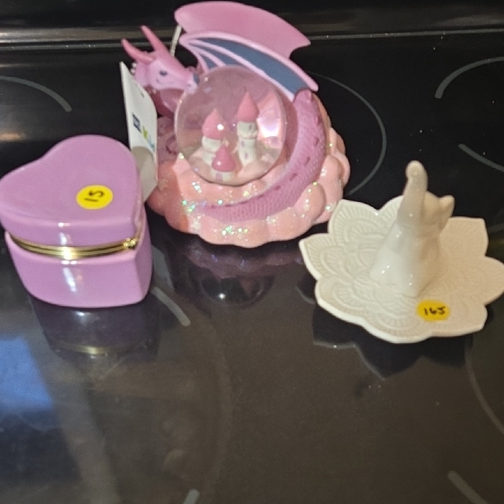 Pink Dragon Snow Globe and Heart Trinket Box Set